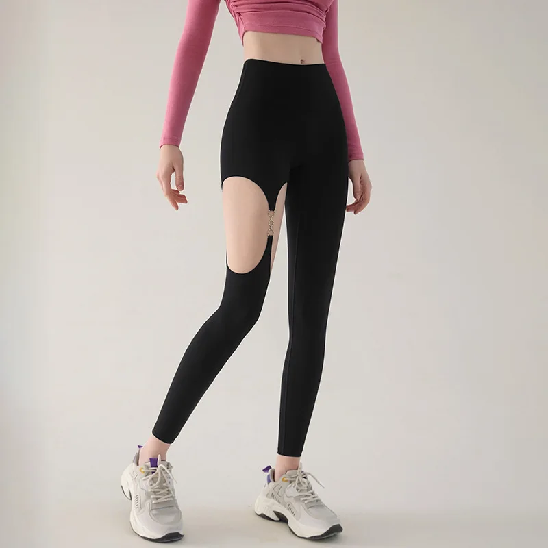 Women Sport Leggings High Waist Yoga Pant Hip Lifting Running Trouser Sexy Girls Hollow Out Gym Fitness Tights With Metal Buckle