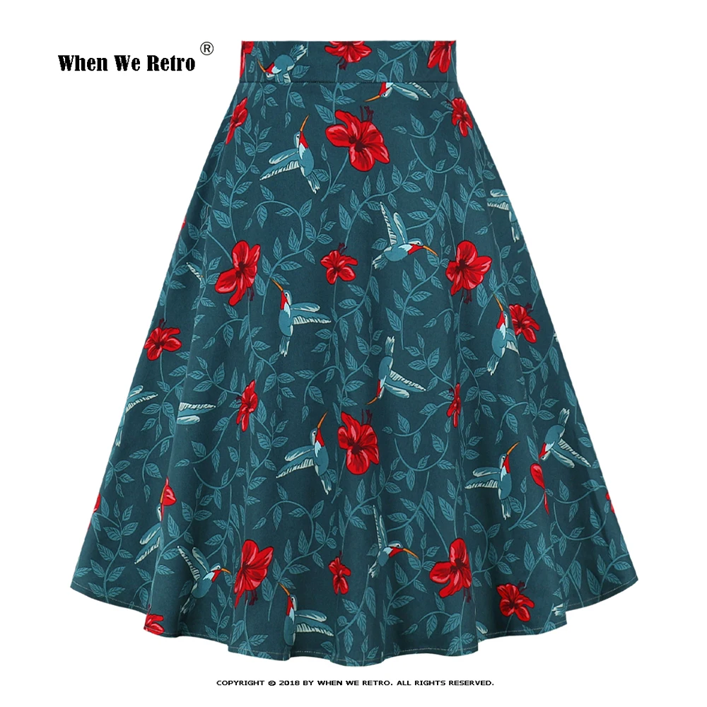 

Hot Sale Green Floral Birds Print Vintage Swing Midi Skirt Elegant Women 1950s High Waist Cotton A Line Summer Skirts VD0020