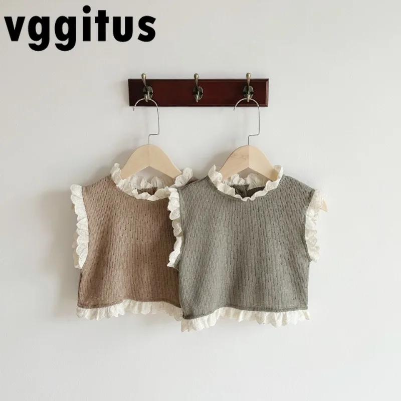 2025 New Spring and Autumn Infant Girl Waistcoat Hollow Knitted Lace Vest Princess Style Baby Sleeveless Sweater Loose Top H1515