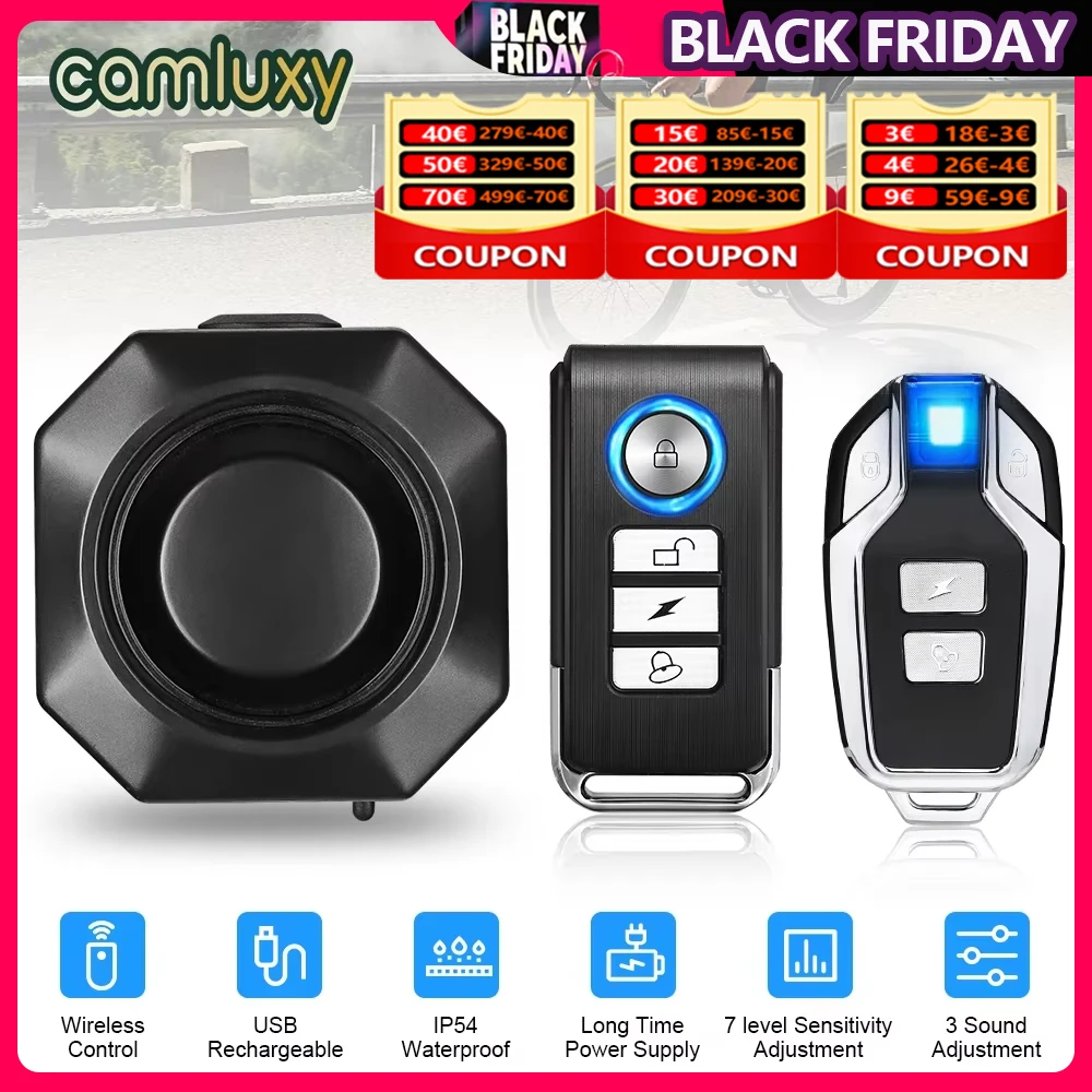 Camluxy Wireless USB Charging Waterproof Bike Alarm Remote Control Vibration Detector Alarm Motorcycle Burglar Alarm