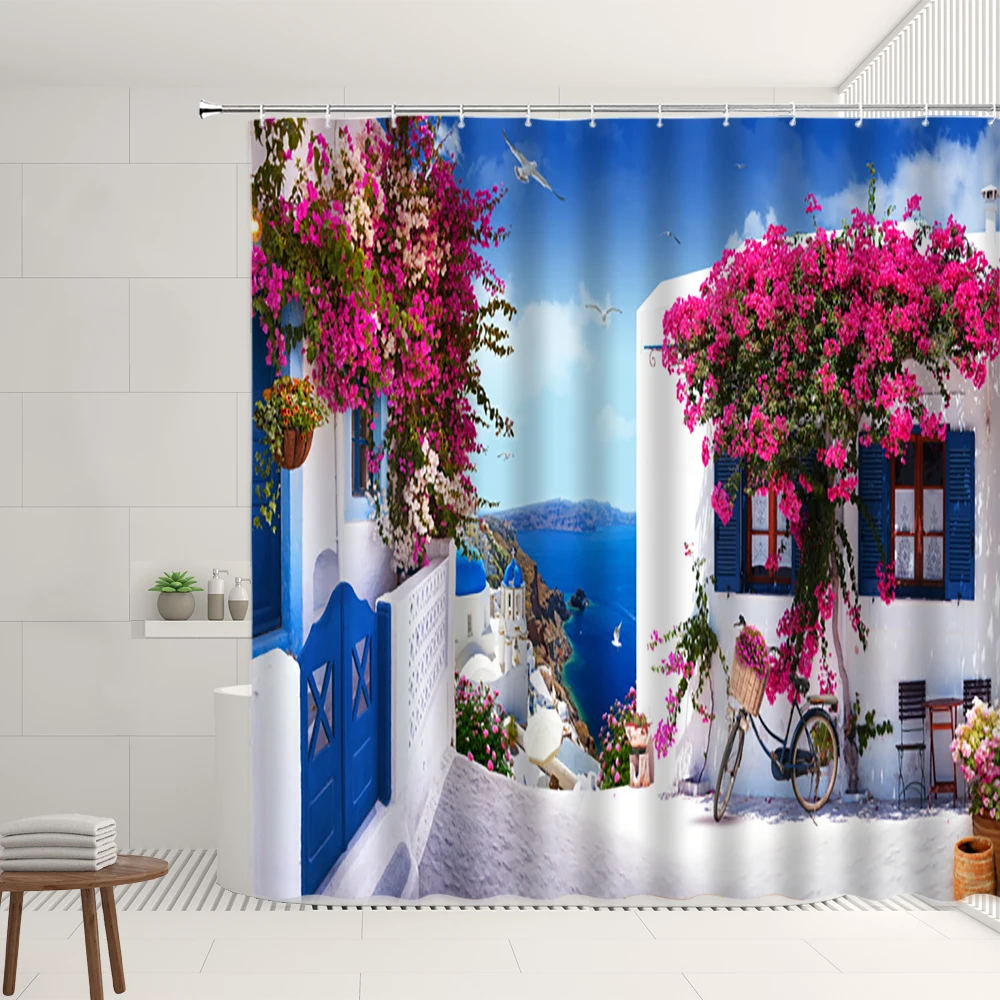 Greek Town Street View Shower Curtain Blue Wooden Doors Windows Flower Plant Wall Decor Bathroom Hanging Curtains Sets Polyester