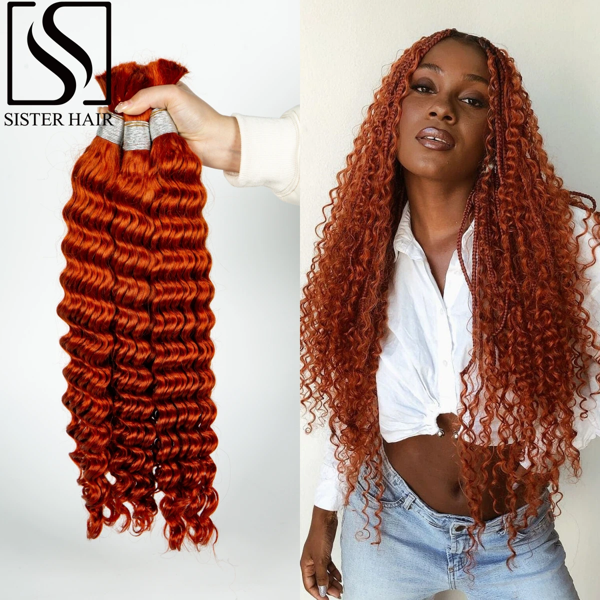 

Ginger Orange 28 Inch 100% Virgin Human Hair Bulk Boho Braiding No Weft Brazilian Remy Hair Bulk Deep Wave Curly Braided Bundle