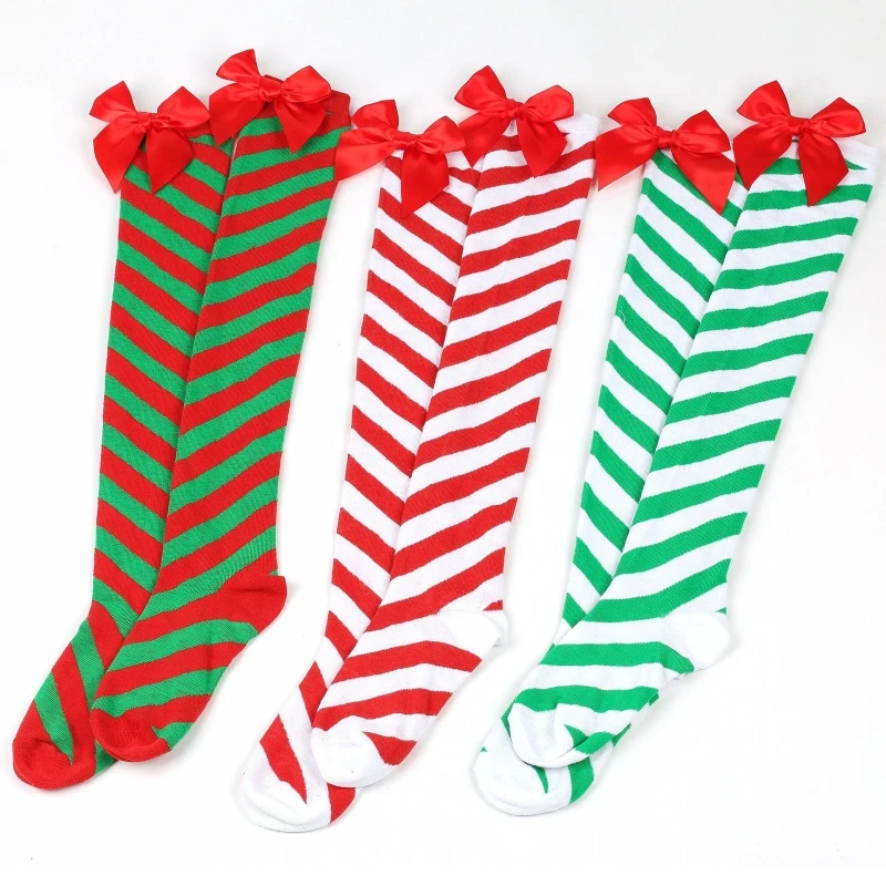 Classical Holiday Themed Cosplay Christmas Thigh High Long Socks for Women Plush Top Striped Over the Knee Stockings