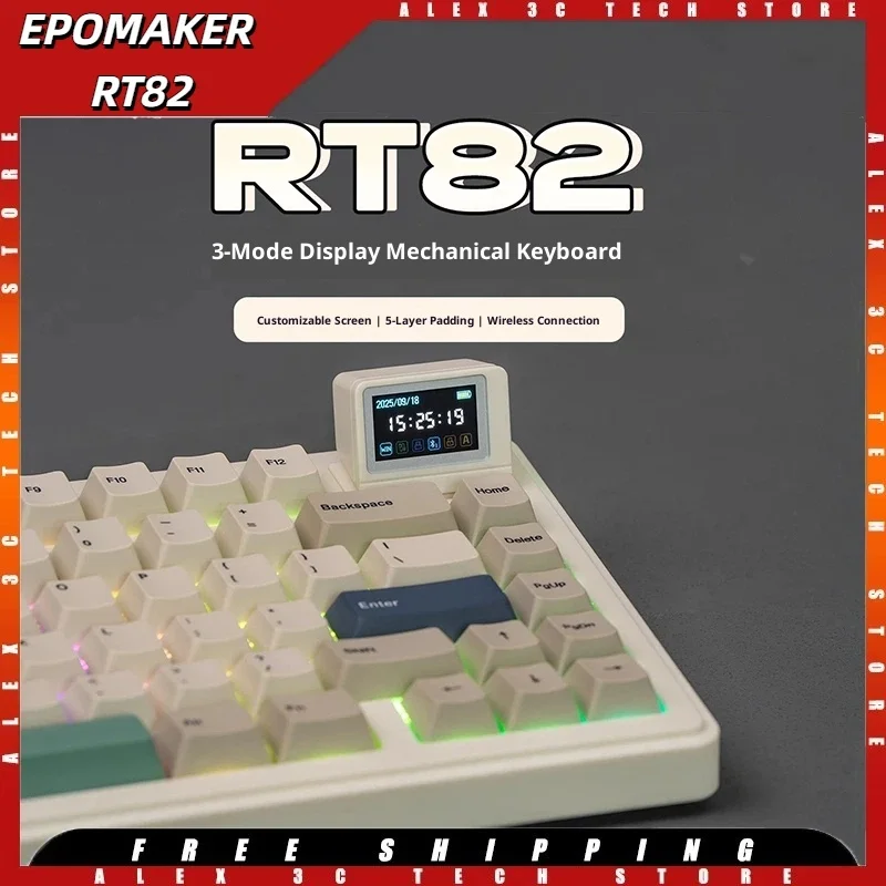 Epomaker rt82 teclado mecânico personalizado sem fio blutooth 2.4g pbt keycaps rgb gaxeta teclados de jogos de troca quente com tela lcd