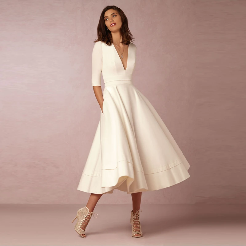 DREAM-Robe de Mariée Courte en Satin, Élégante, Longueur Thé, Col en V, Demi-Manches, Ligne A Simple