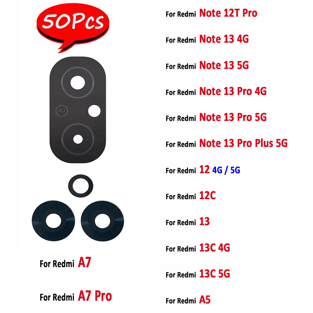 50Pcs，Rear Back Camera Glass Lens with Sticker Replace For Xiaomi Redmi A7 A5 13 12C 13C 5G 15C 13R Note 13 4G 12T Pro Plus 5G