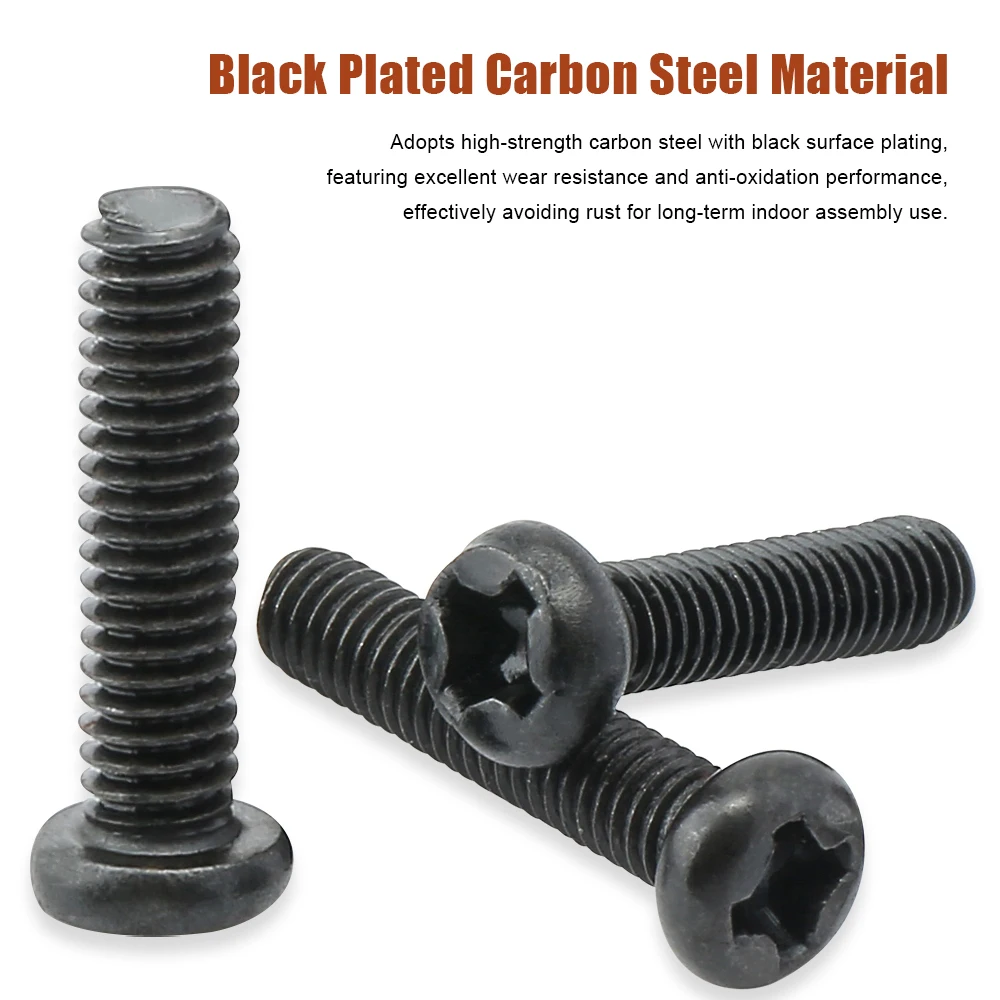 M1 M1.2 M1.4 M1.6 M1.7 M2 M2.5 M3 M3.5 M4 M5 M6 Cross Recessed Round Head Machine Screw Black Plated Phillips Screw for Computer