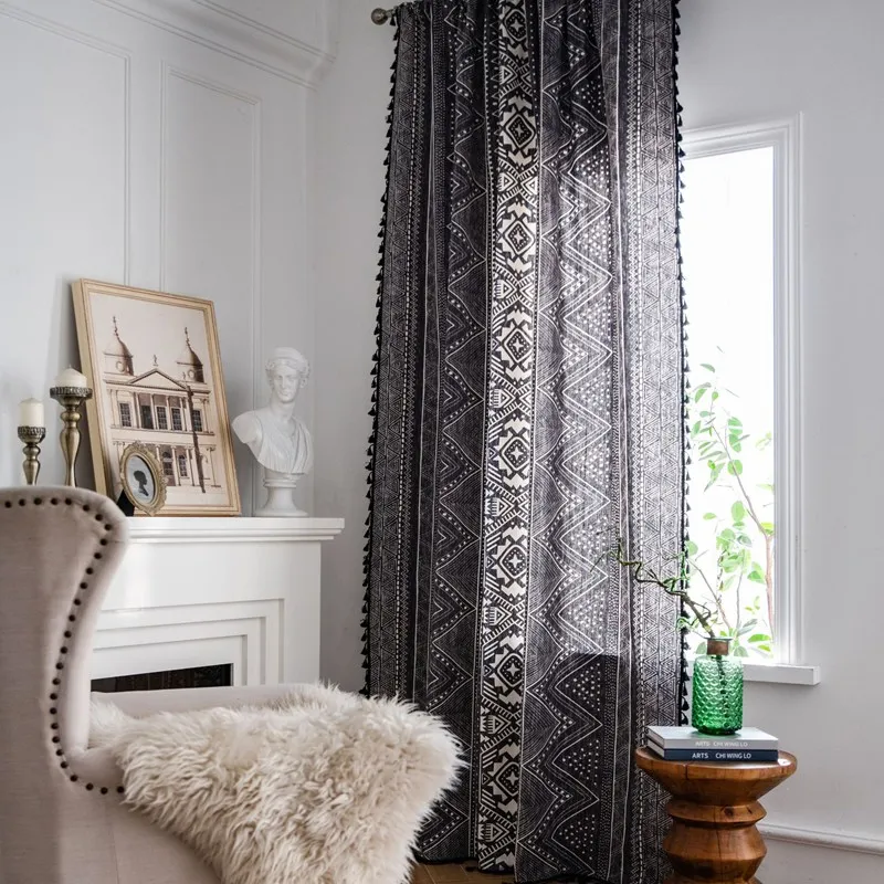 Bohemian Style Black Geometric Printing Window Curtain with Tassel for Bedroom Kitchen Curtains Country Living Room Drape