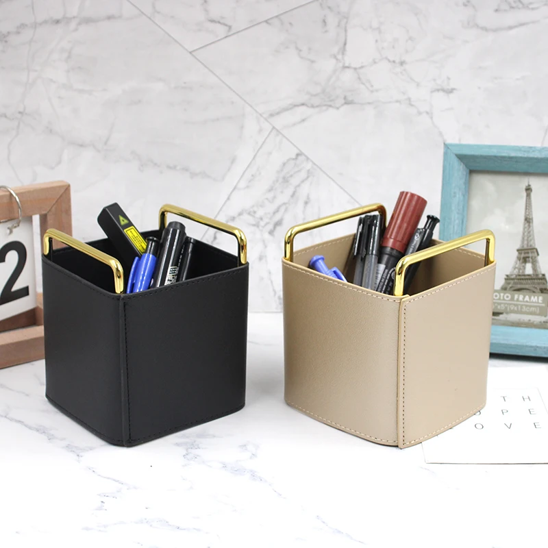 Minimalist Metal Pen Holder, Leather Storage Frame, Nordic Style, Makeup Cylinder