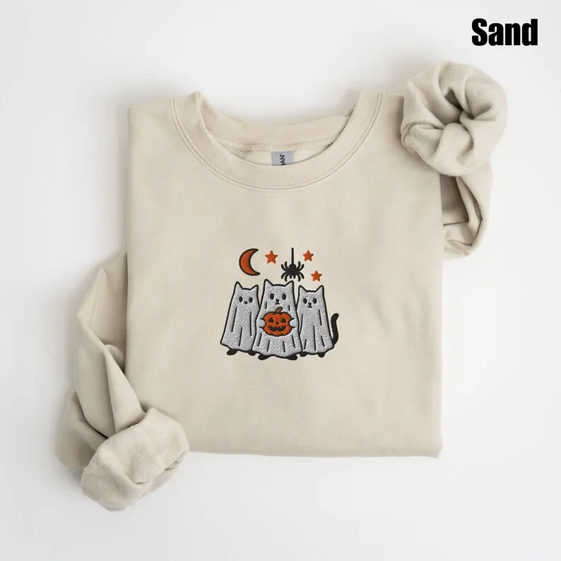 Halloween Ghost Kitten Sweatshirt Pullover Retro Vintage Sweatshirt Graphic Hoodies Y2K Casual Daily Wear Unisex  Pullover