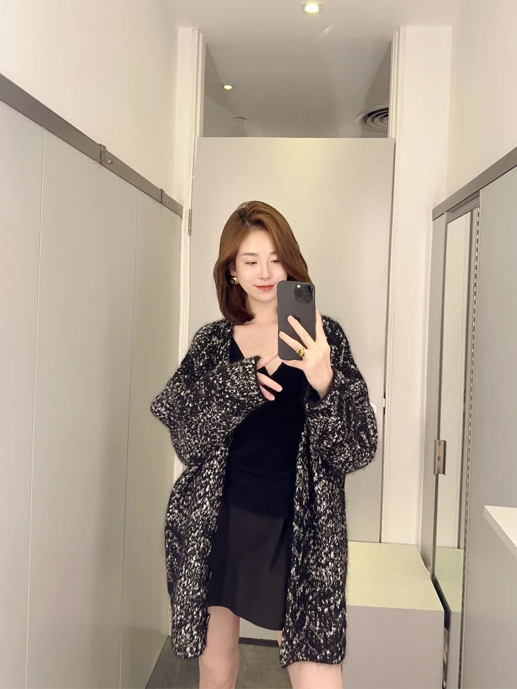 High Quali Heavy Weight Vintage Loose Knitted Cardigan Sweater Women's Faion Mohair Wool Blend Warm Long Sve Coat