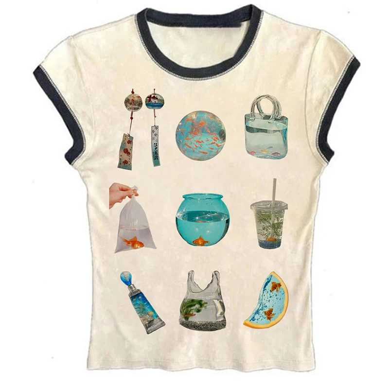 Sexy Women Printing Women T-Shirt Slim Crop Top Retro Casual Tee Y2k Top Streetwear Tops Short Navel Female Clothes Emo girls