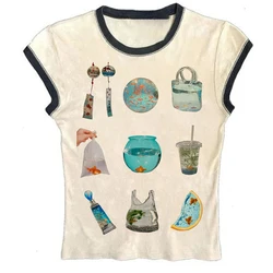 Sexy Women Printing Women T-Shirt Slim Crop Top Retro Casual Tee Y2k Top Streetwear Tops Short Navel Female Clothes Emo girls