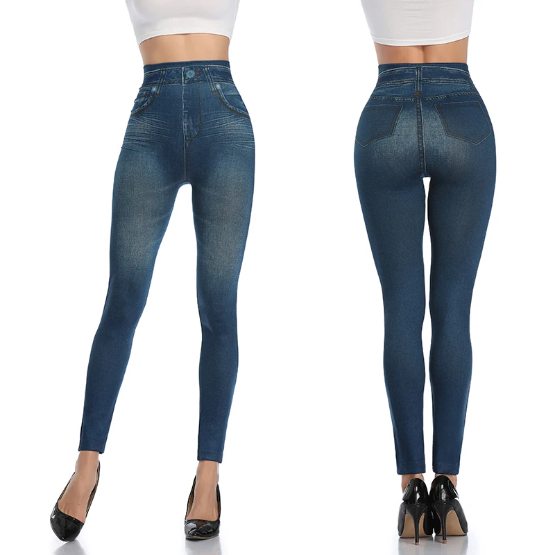 Seamless Jeans Print Pants Plus Size Faux Denim Jeans Leggings Women High Waist Tummy Control Slim Jeggings Basic Jeans Trousers