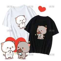 Cute Peach Cat Cartoon Couple Print Shirt Unisex Shirt Gray Sent Flowers To Peach T Shirt Cotton Lovers' Clothes Casual Tee