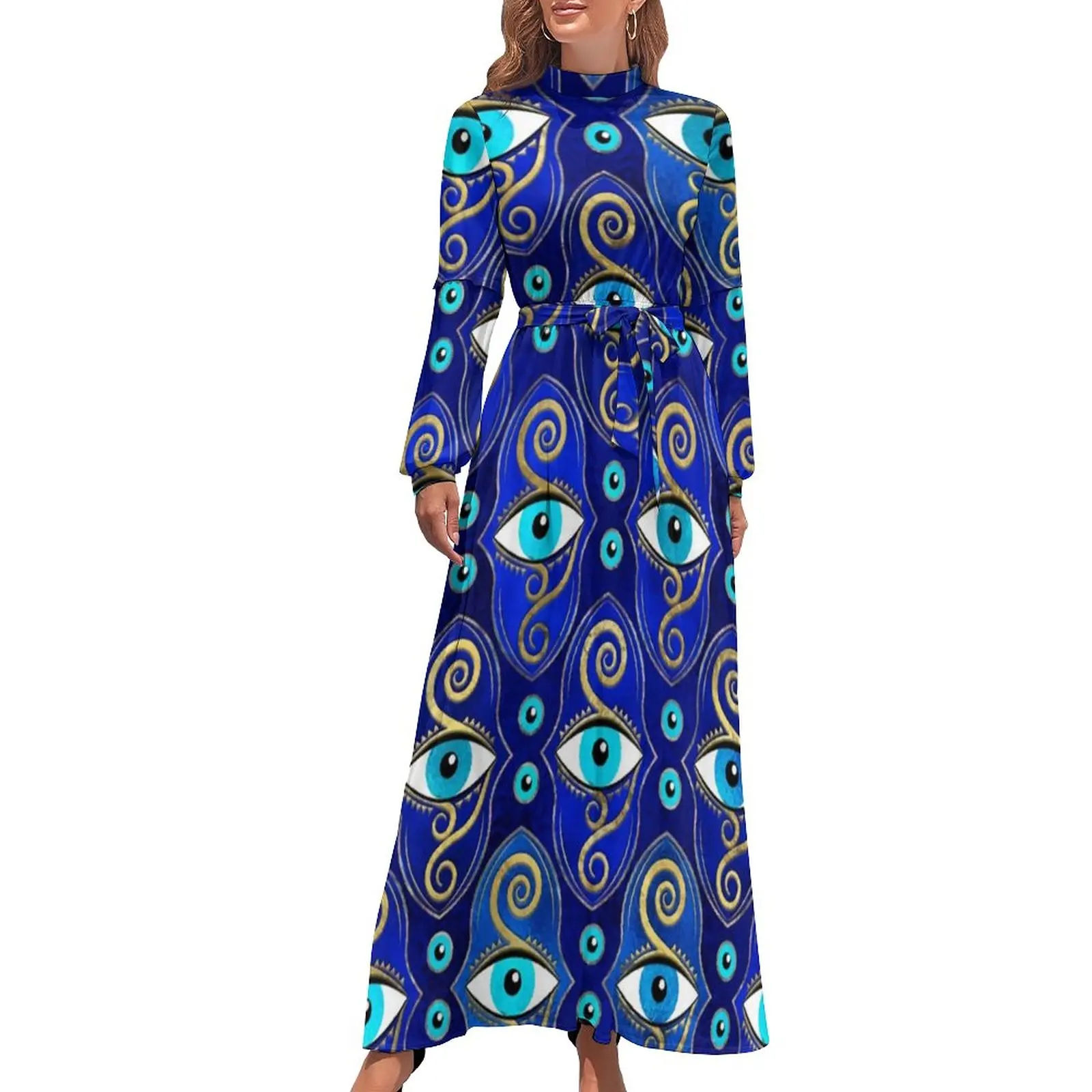 Evil Eye Charm Pattern Dress High Waist Greek Eyes Mati Amulet Graphic Boho Beach Dresses Sexy Long-Sleeve Long Maxi Dress