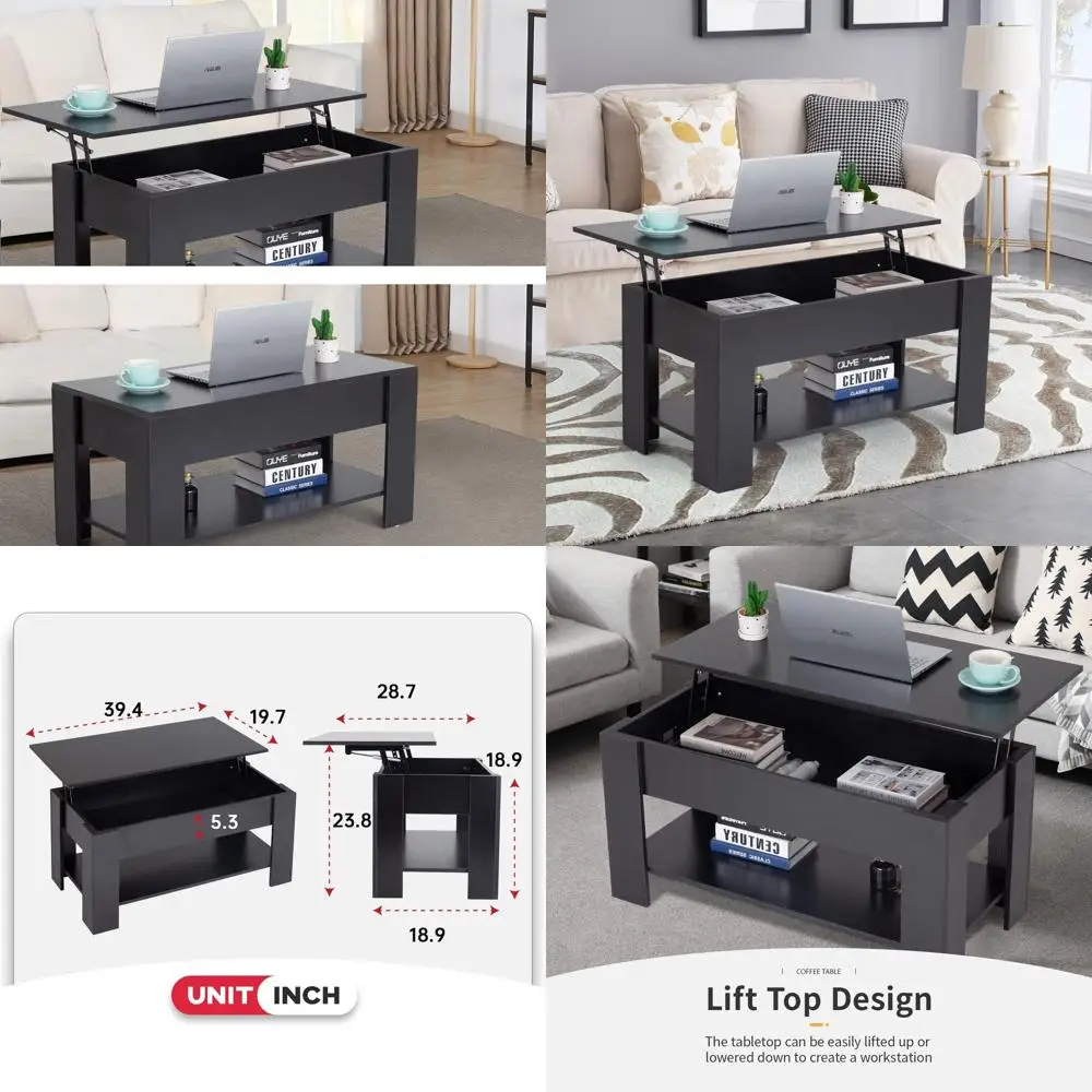 

39.4" Lit Top Coee Table with Hidden Comparent and Storage Shel Wooden Lit Tabletop or Home Living Room Retion Room Oice (Black)