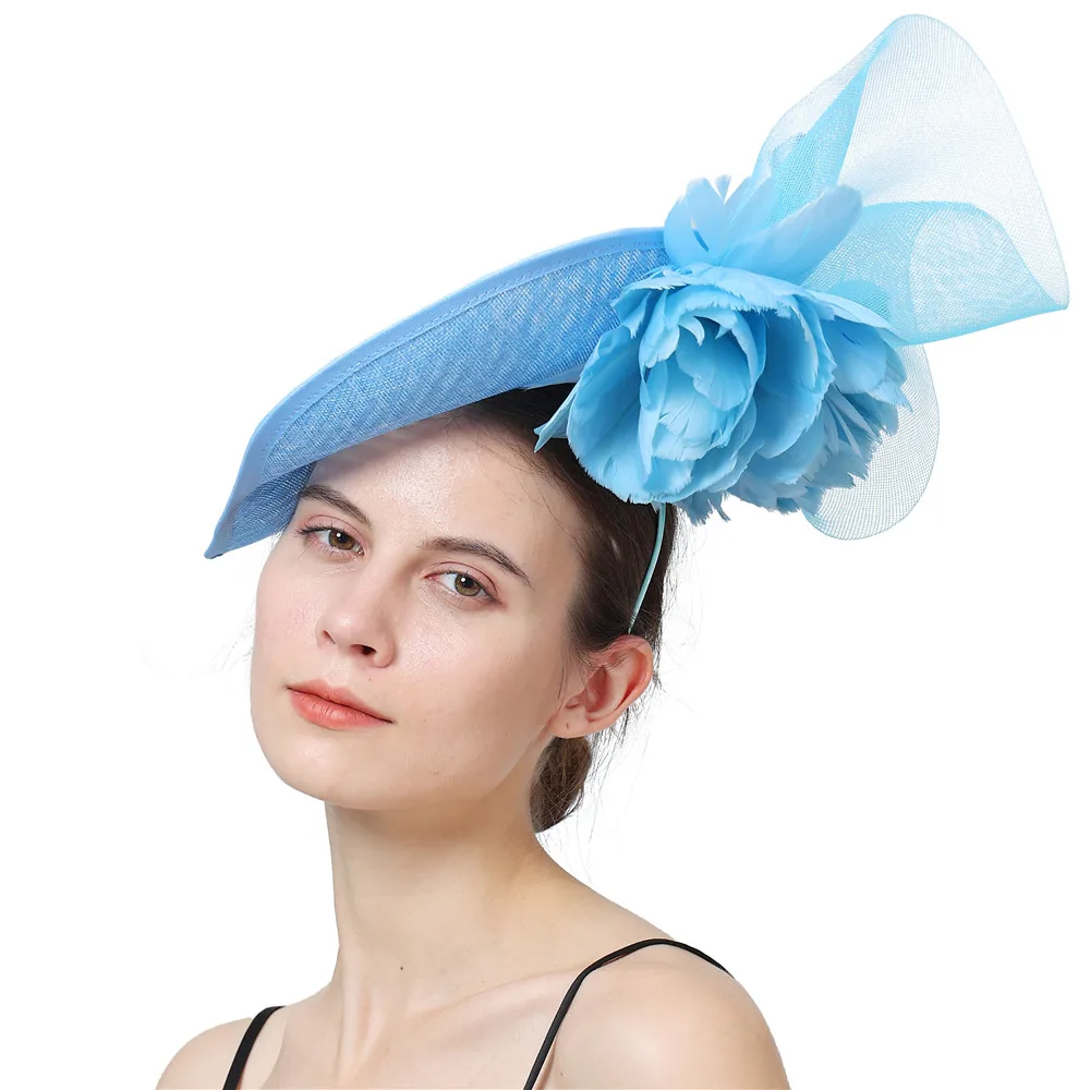 Lady Foral koktajl kapelusz beżowy imitacja lnu Fascinator baza eleganckie kobiety Derby wydarzenie Millinery akcesoria do włosów kwiat pałąk