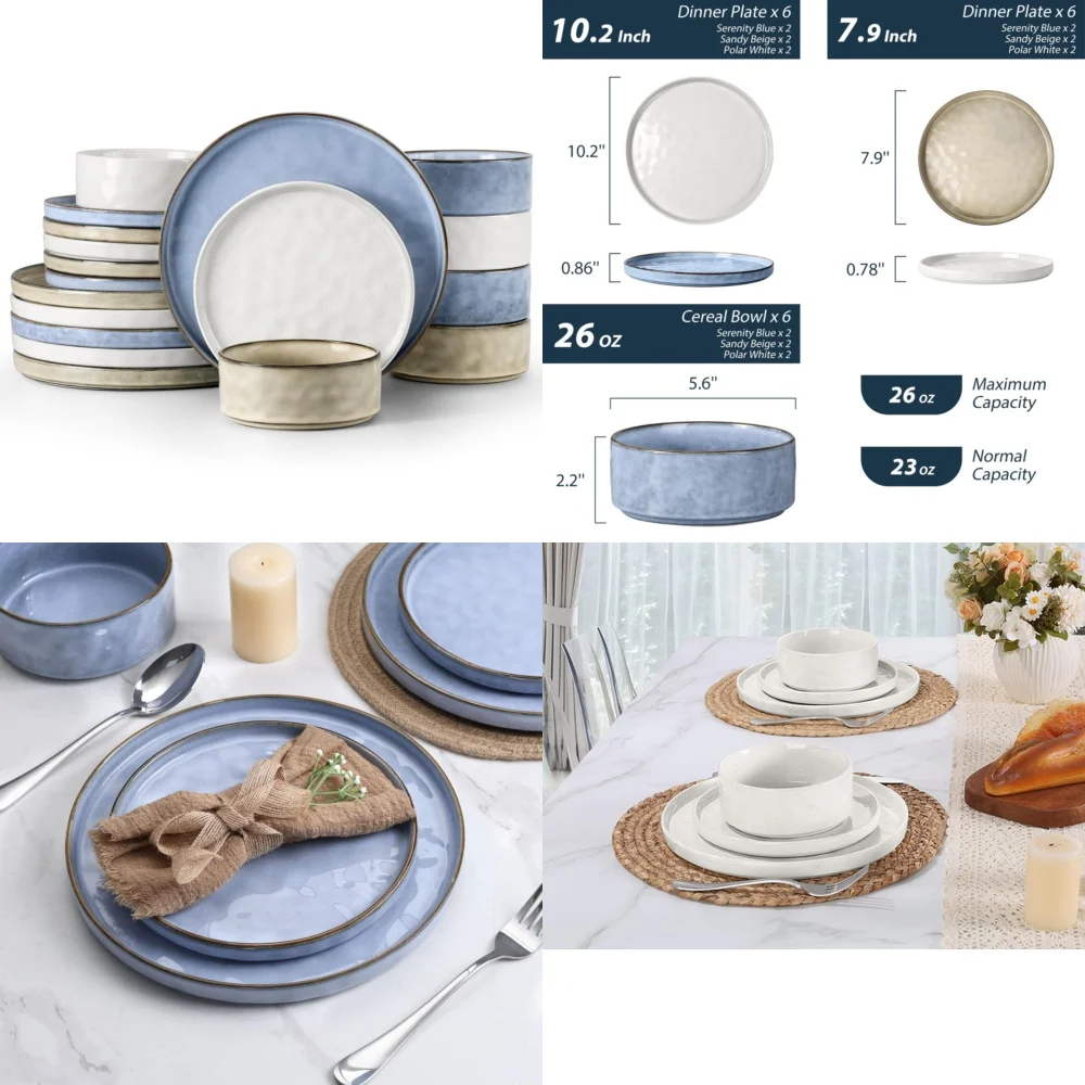 مجموعة أدوات مائدة سيراميك مكونة من 18 قطعة مجموعة أواني طعام مكونة من 6 قطع تتضمن أطباق وأطباق وأدوات مائدة من السيراميك الحجري المتين مثالية لـ #1