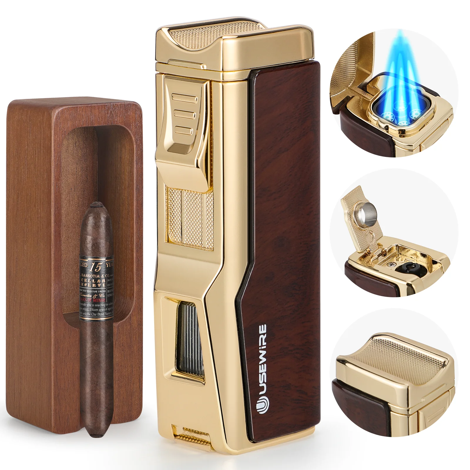 Cigar Lighter Ashtray Set 4 Jet Flame Windproof Lighters With Cigar Holder Cigar Punch Refillable Butane Cigar Accessories