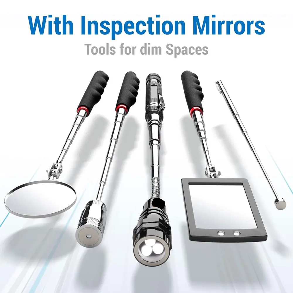 Professional Magnetic Telescopic Pick-Up Tool Set with Adjustable Pole and 360° Rotating Inspection Mirror, Repair Tool.