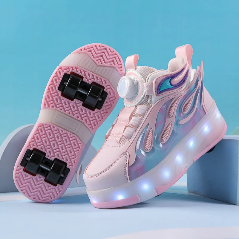 Roller Skate Kids Sneakers 4 Wheels USB Charge Illuminated Shoes Outdoor Sports Roller Shoes Boy Girl Casual Luminous Board Shoe