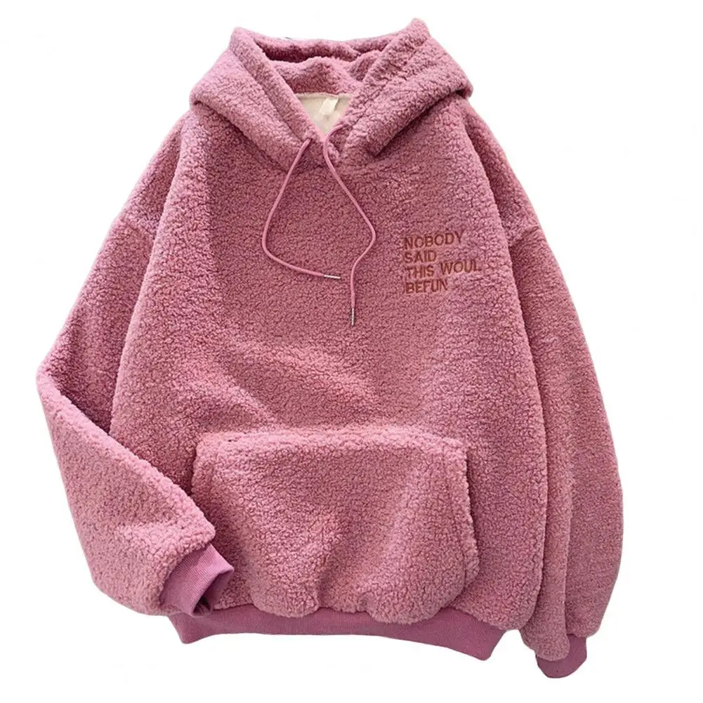 Elegant Fall Winter Women Hoodie Elastic Cuff Thick Fleece Patch Pocket Loose Pullover Warm Letter Embroidery Top