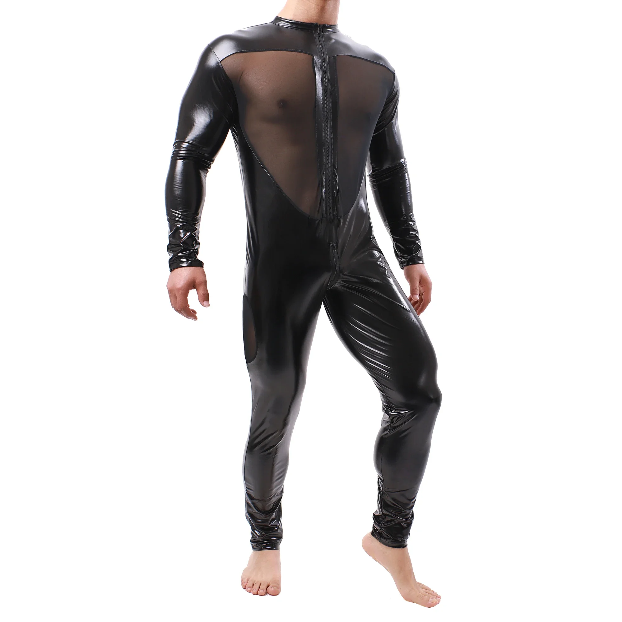 

Men Sexy Leather Mesh Transparent Bodysuits Long Sleeve Sheer Mesh Splice Bodice Zipper Leotard Bodysuit Jumpsuit Night Clubwear