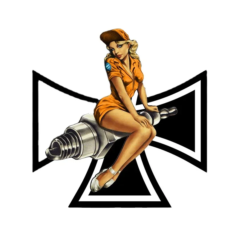 OFK Croix De Fer Malte PIN UP GIRL Biker BOBBER Sticker Funny Decal Vinyl Graphic Window Trunk Car Stickers 13cm x 12.6cm