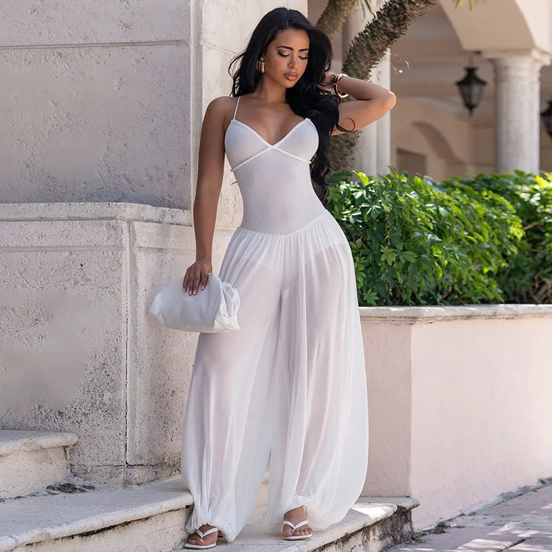 

Sexy Spaghetti Strap V-neck Summer Jumpsuits for Woman Backless See Through Mesh Loose Wide Leg Romper Holiday One Piece Outfits