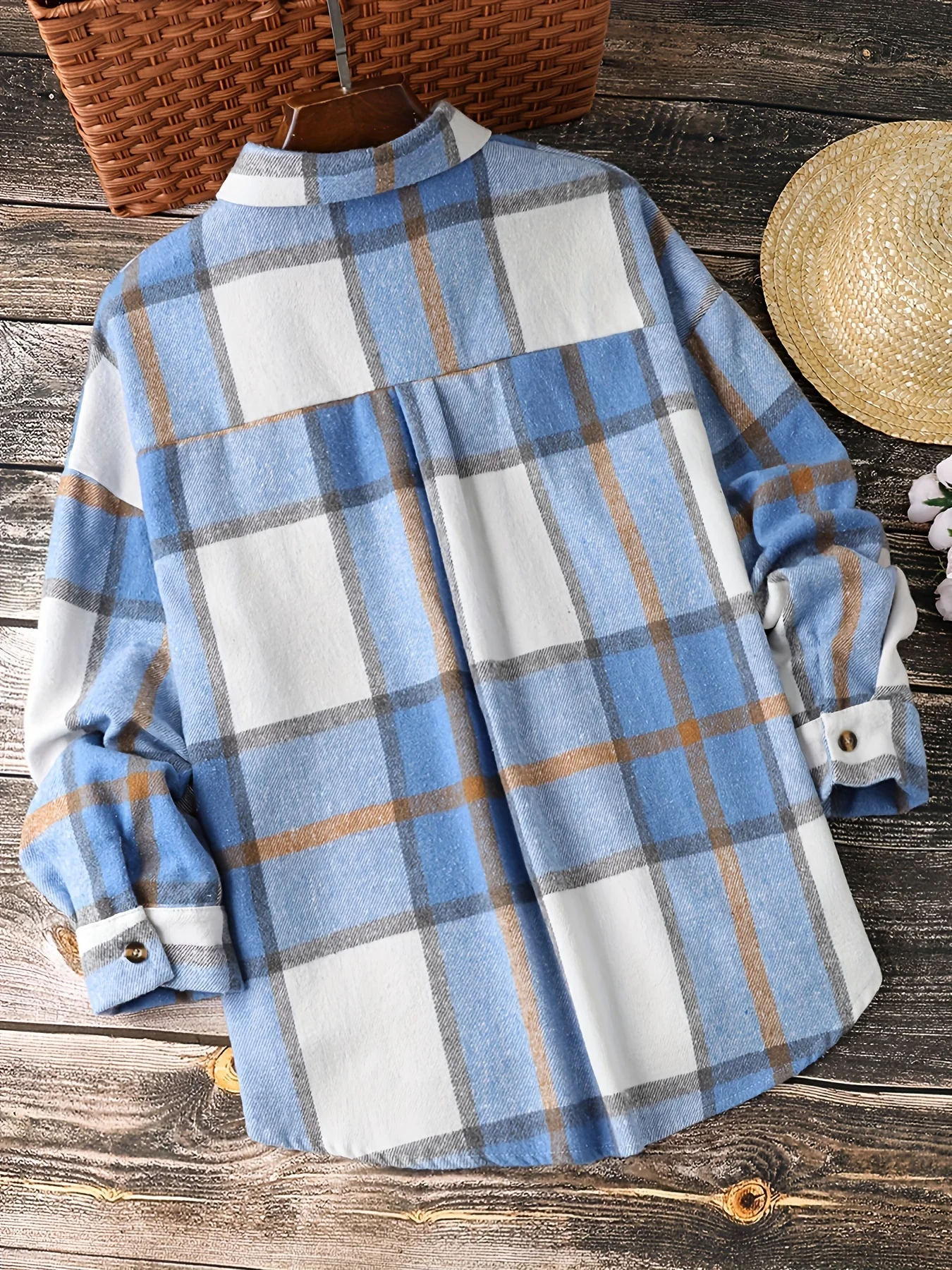 Women Lapel Blue White Brown Plaid Flannel Long Sleeve Button Down Shirt With Double Pockets view 5