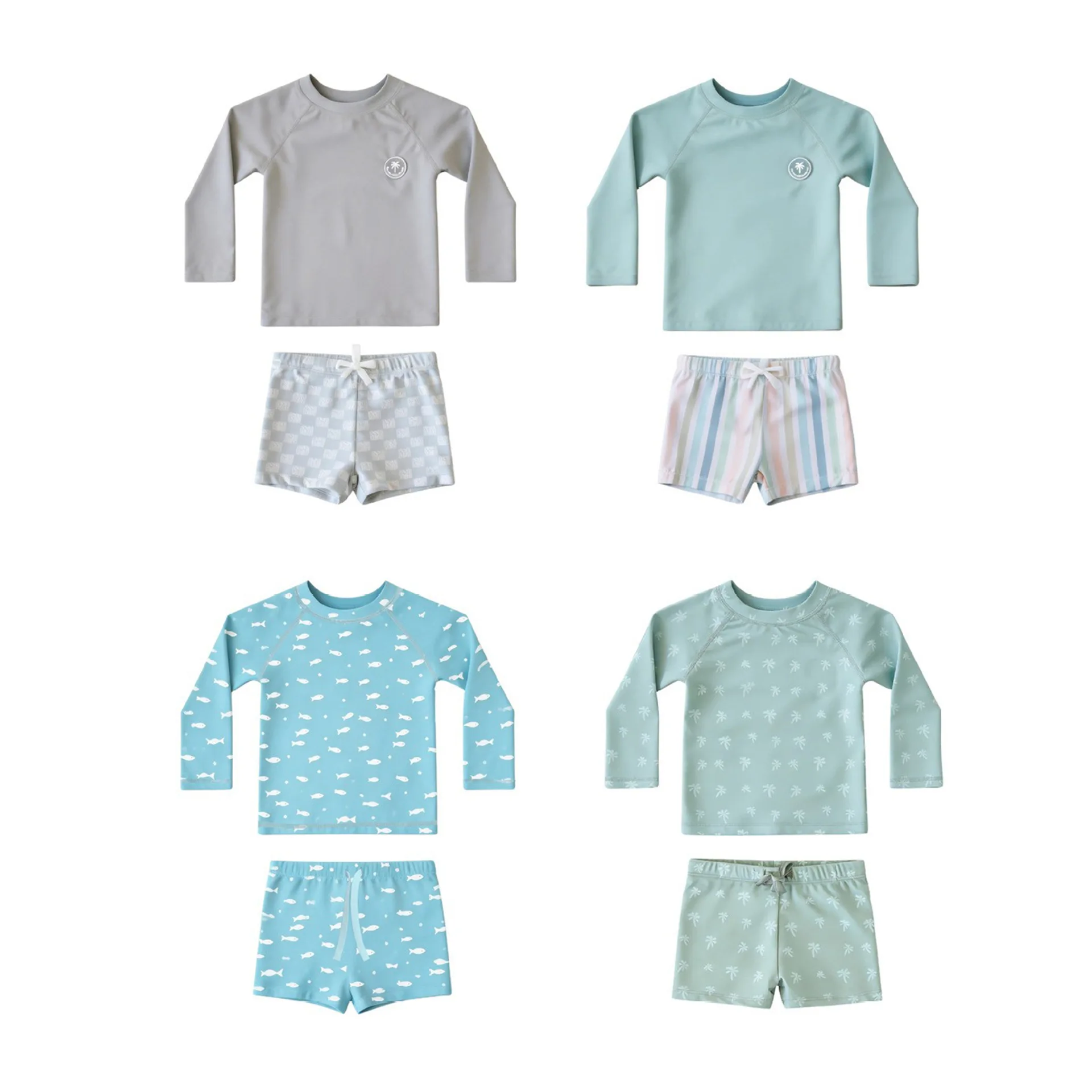 2026 Toddler Boys Rash Guard Swimsuit Set Pastel Stripe Long Sleeve Swim Shirt & Trunks 2 Piece Beachwear
