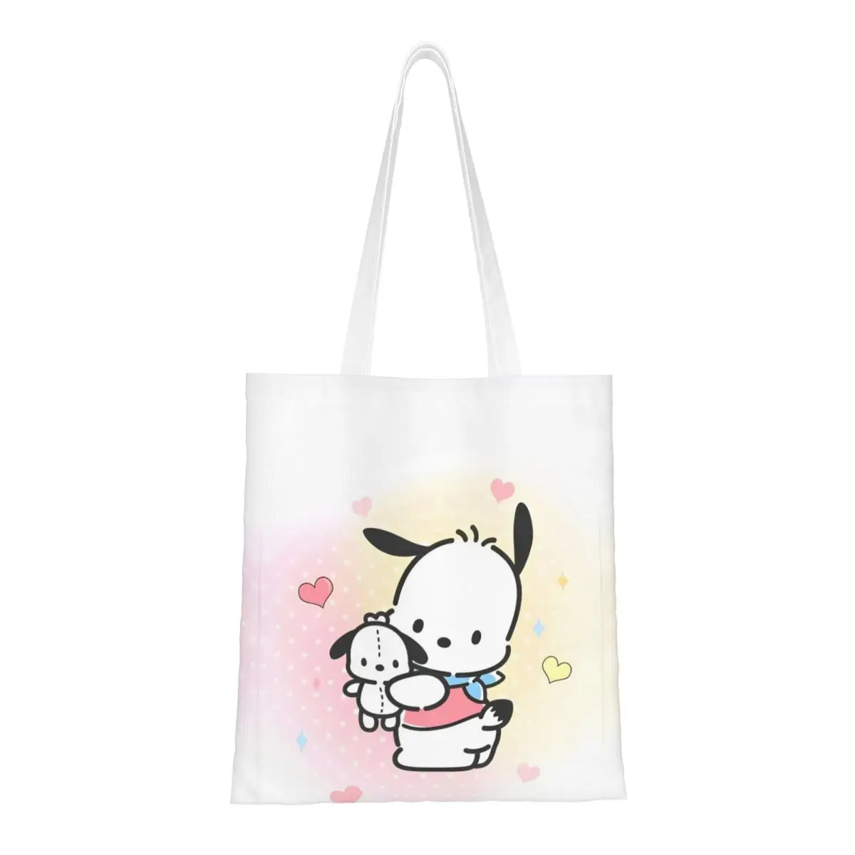 Bolsa tote unissex Sanrio Pochacco com logotipo traseiro, sacola de compras de lona para bolsas de compras