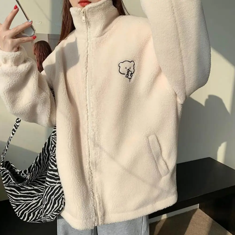 

Imitation Lambswool Jacket Warm Imitation Lambswool Women's Jacket with Cartoon Bear Pattern Stand Collar Zipper for Autumn