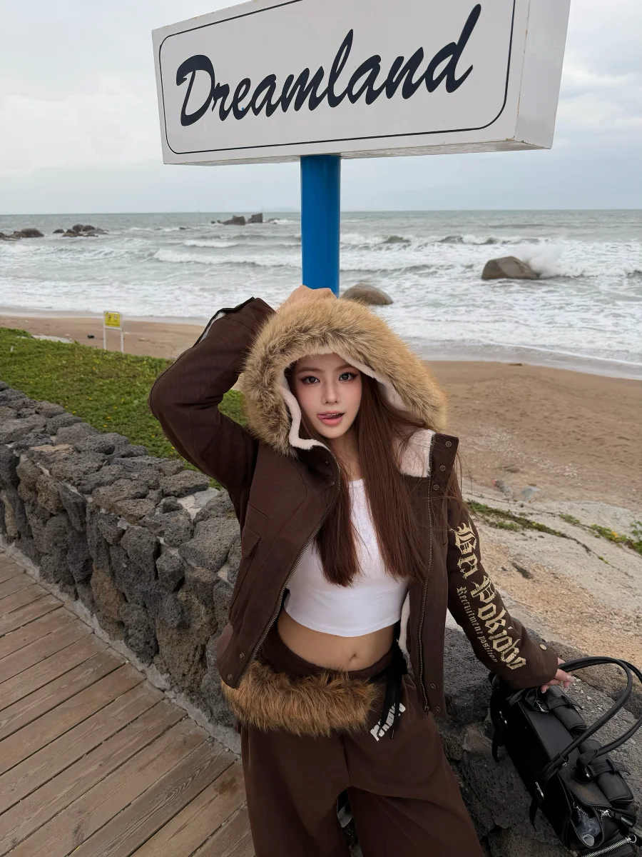 

Caiii Thiened Fce Lined ort Hooded Cotton Jaet Women's Casual Versatile Workwear Jaet Zipper Closure Printed Pattern