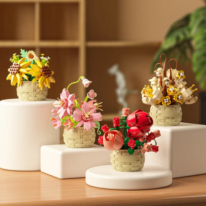 Flower Bouquet Bonsai Building Blocks Artificial Plastic Plant Dust Cover Micro Model Home Decoration Toy For Kid Birthday Gift