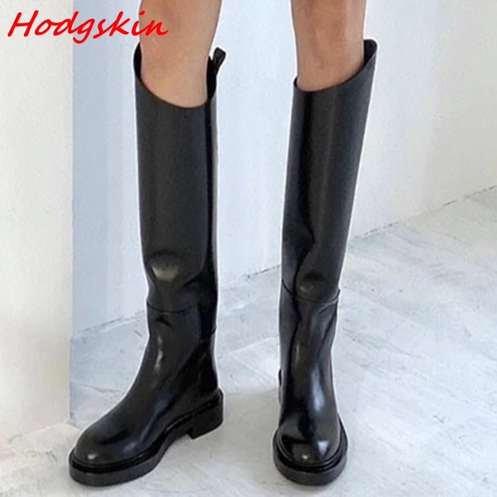 Black Irregular Bevel Women Boots Round Toe Thick Sole Slip On Flat with Shoes Classic All-match Fashion Knee High Boots