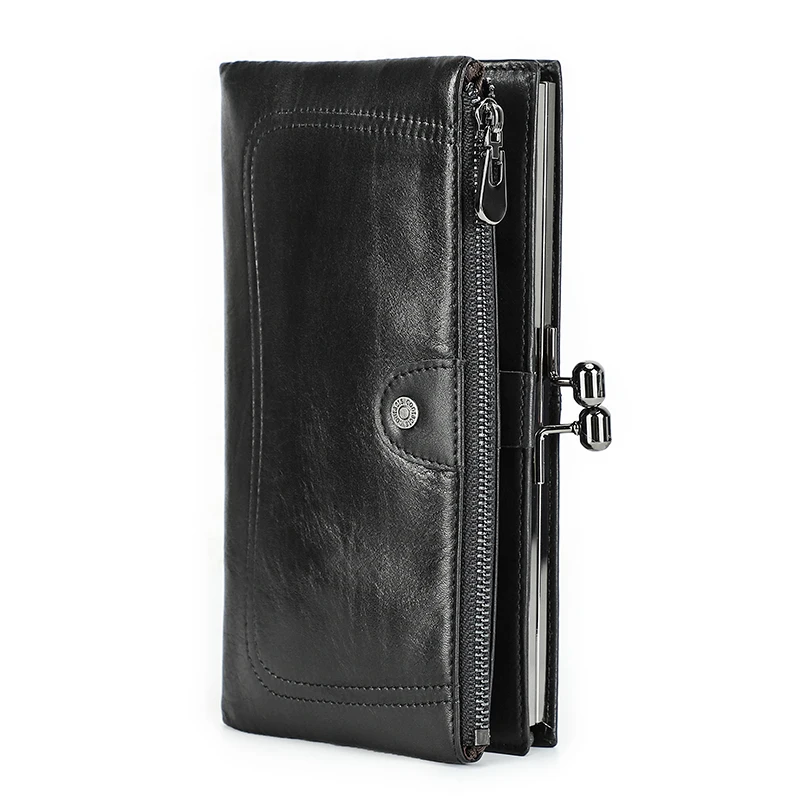 

Contact'S Long Metal Frame Cardholders Women Genuine Leather Credit Wallet Black Hasp and Zipper Woman Purse For Big Phone