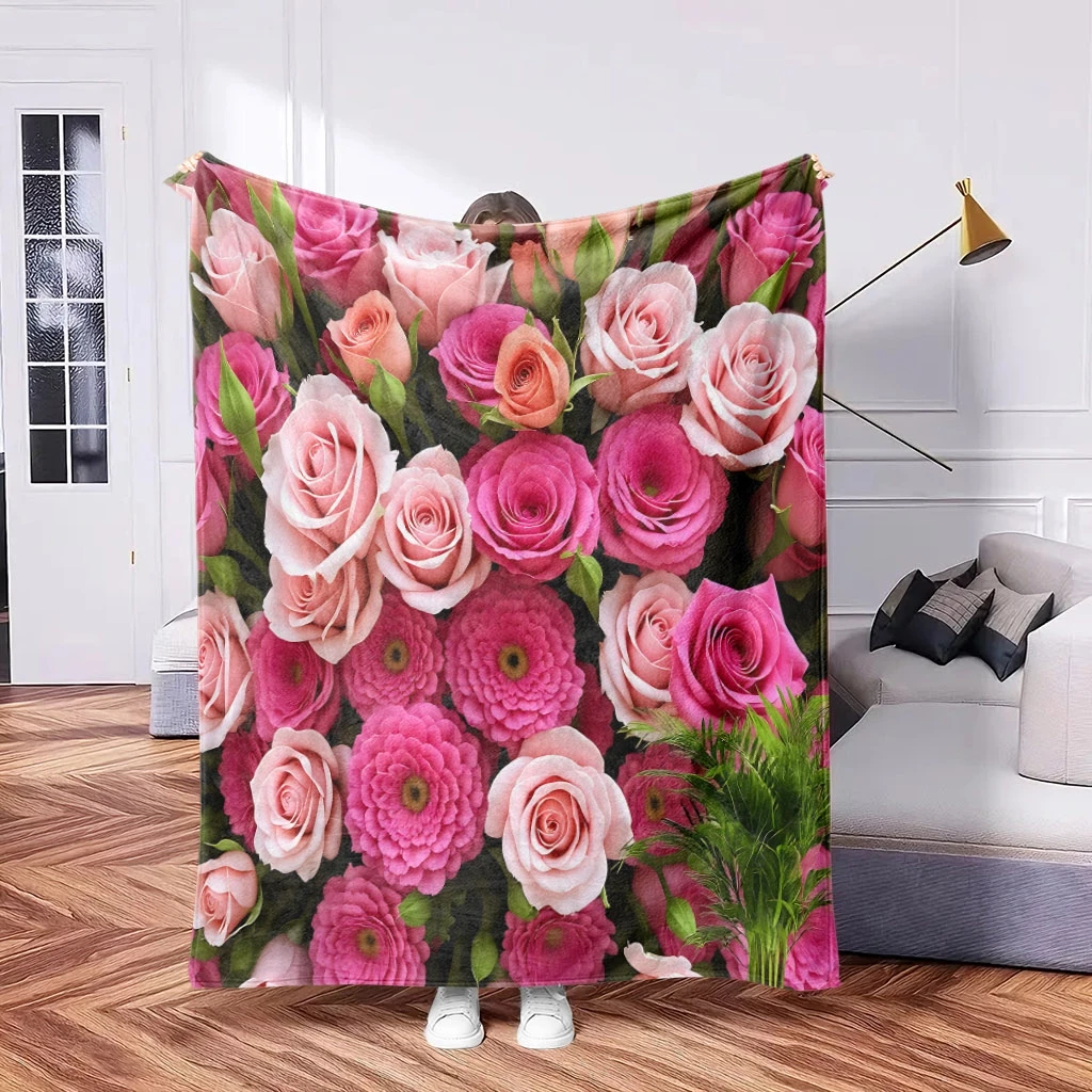 A 2D Flannel Blanket Featuring a Pink Rose and Floral Cluster Pattern, with Soft High-definition Digital Printing. This Cooling