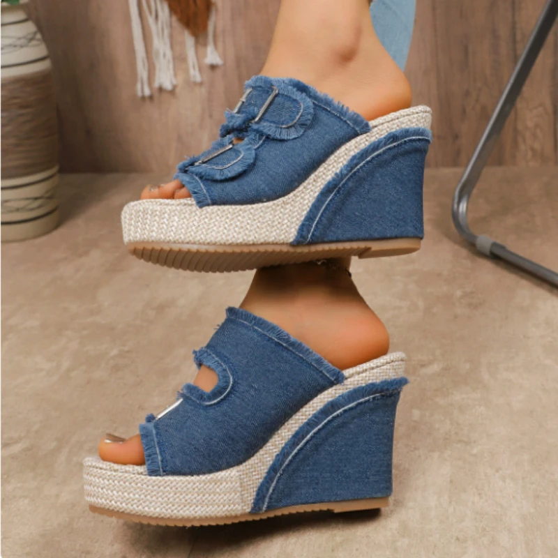 Thick Soled Slippers for Women Summer Chain Denim Chunky Heel Fashion Cross Slides Open Toe Outdoor Beach Woman Walking Slides