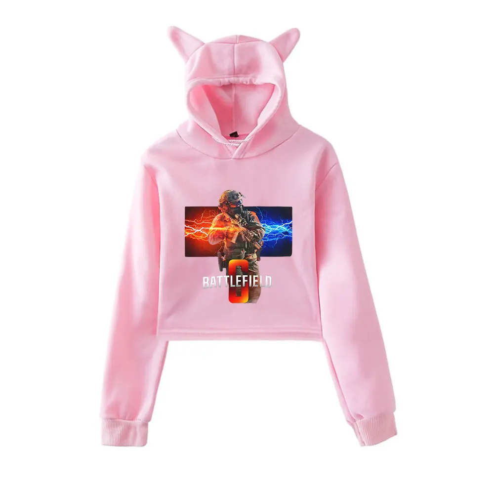 

Battlefield 6 Merch винтажная уличная одежда 90-х годов с логотипом, толстовки с капюшоном для девочек, укороченный модный спортивный пуловер с кошачьими ушками