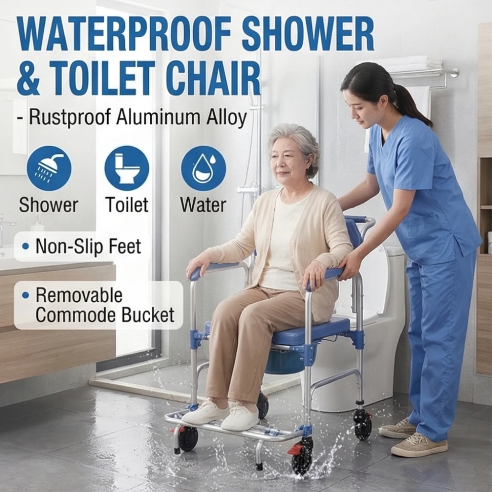 

Многофункциональное кресло-туалет 3-в-1 с бесшумными колесами, складное, из алюминиевого сплава, водонепроницаемое, для пожилых людей и людей с ограниченными возможностями