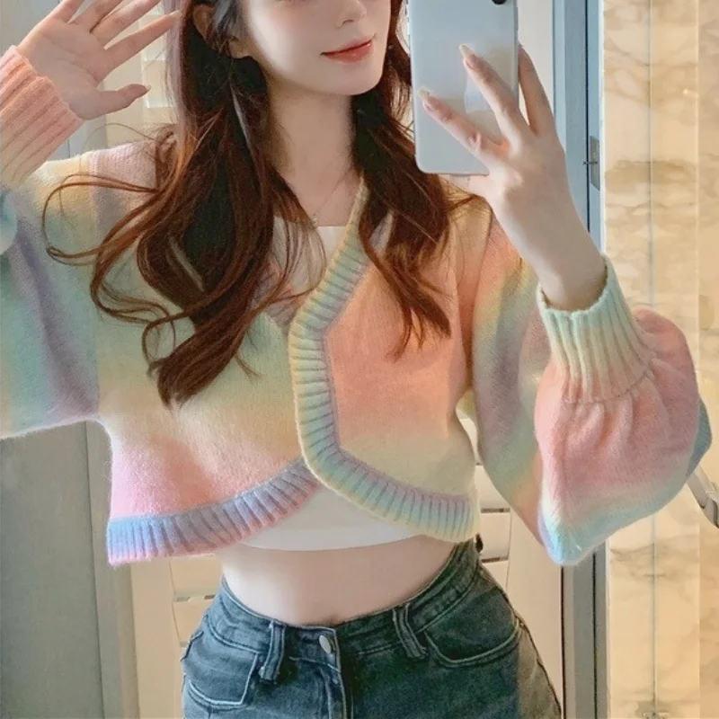 Autumn Rainbow Sweet Knitted Sweater Ladies Colorful Loose Korean Style Cashmere Sweater Warm Kawaii Button-down Cardigan 2021