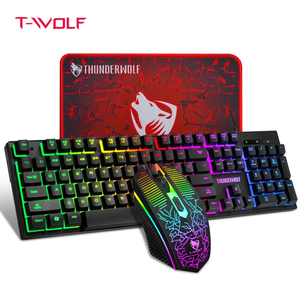 T-WOLF gaming keyboard and mouse Set Colorful Luminous Cable Esports Game Wired keyboard and mouse three piece set for pc gaming