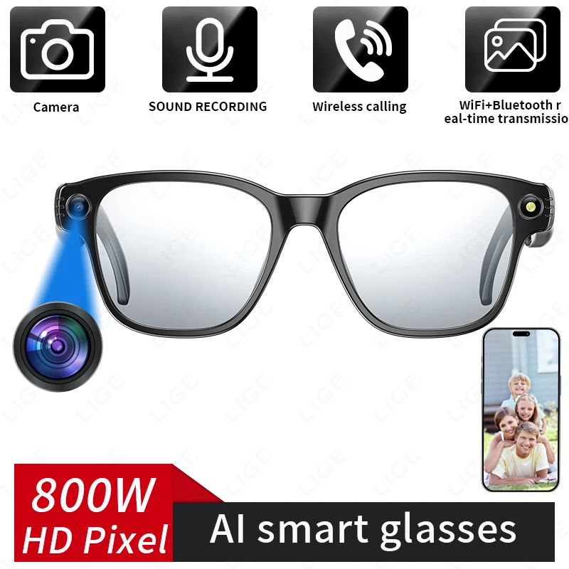 

LIGE New AI Smart Glasses 800W HD Camera Anti-Shake Video Recording Real-time Translation Music Voice Smart Sunglasses Men Women
