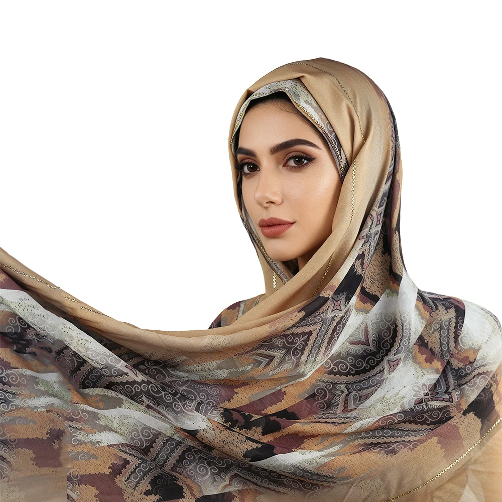 

Арабский платок для женщин, шифоновый мягкий принт со стразами, коричневый, бежевый хіджаб с кристаллами и краями2520