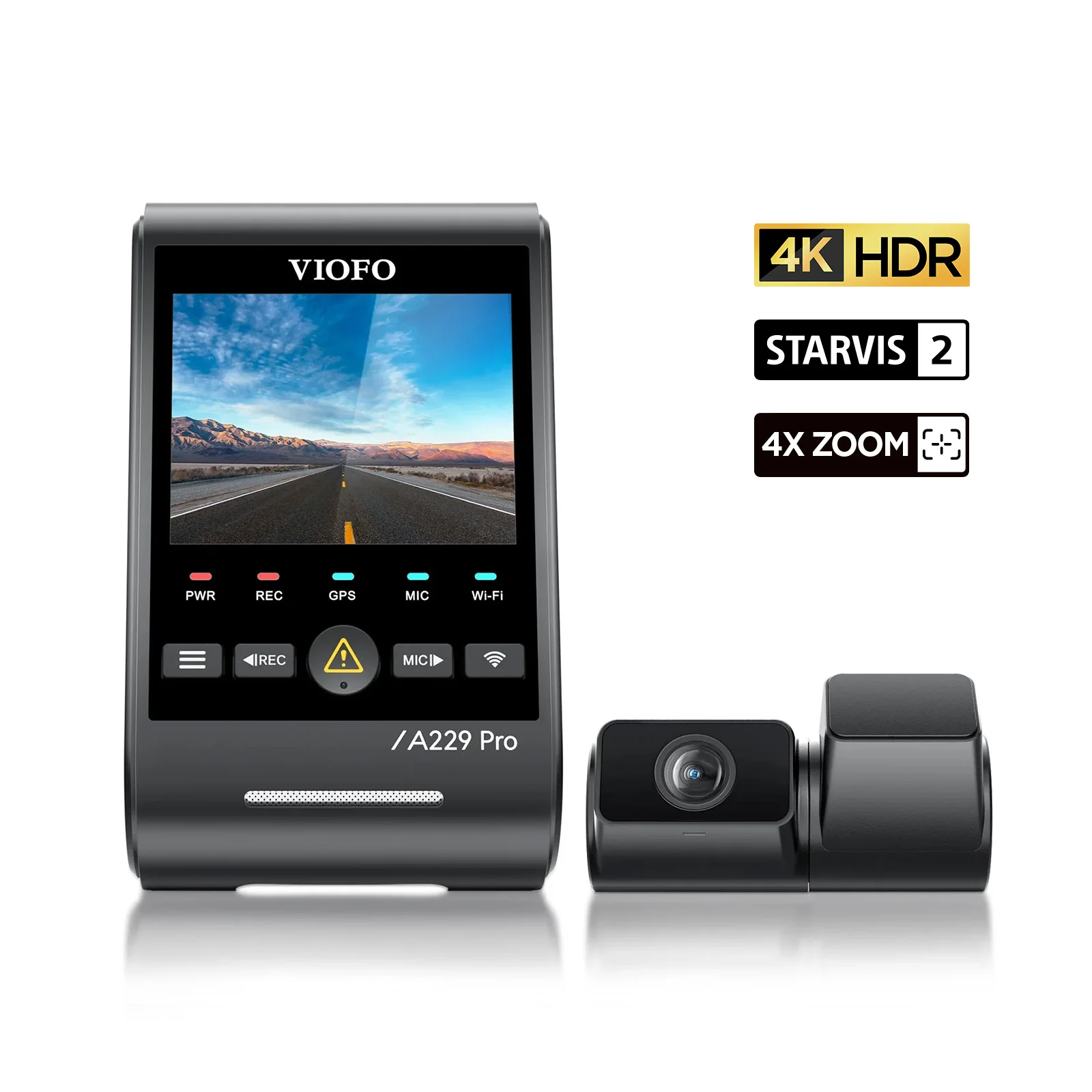 VIOFO A229 Pro Tele 2CH Sony STARVIS 2 Teleobjetivo frontal 4K + 2K con zoom óptico 4x para detalla detalles desde una distancia
