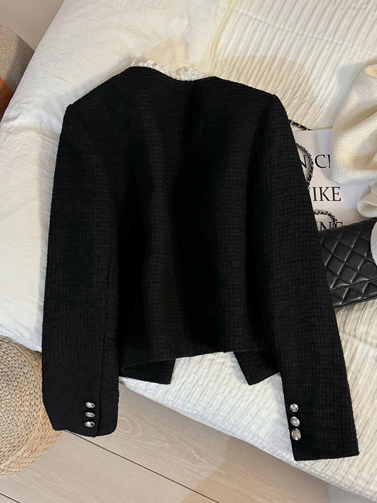 أسود الوقوف طوق الحلل النساء الدانتيل المرقعة أنيقة مكتب سيدة المحاصيل البدلة سترة ربيع الخريف عطر صغير لطيف أبلى #4