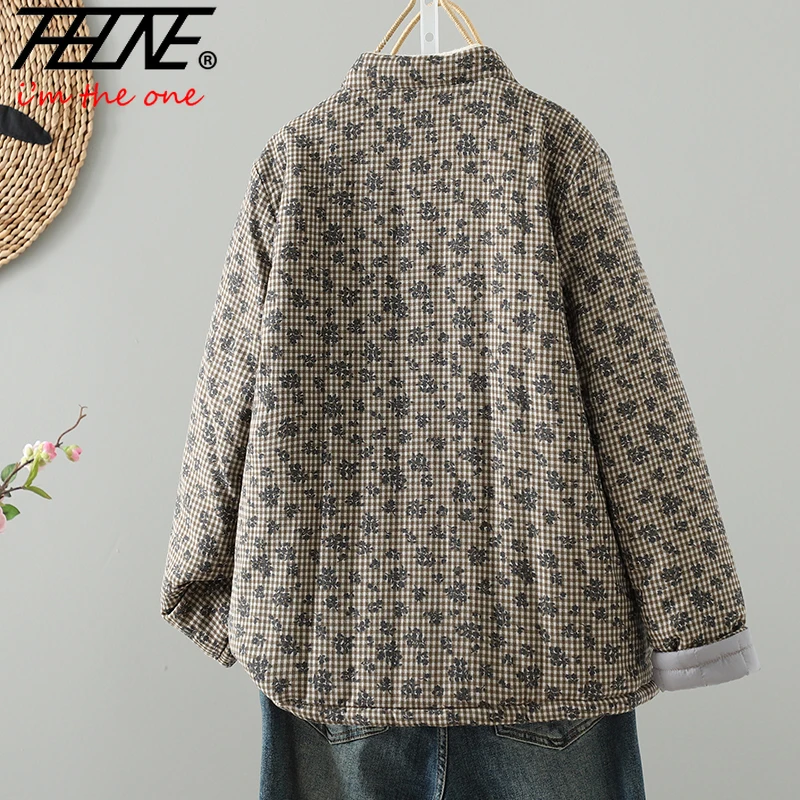 THHONE Giacca invernale Parka Donna Plaid Addensare Abito caldo Vintage Casual Stile cinese Cappotto di lino in cotone allentato Capispalla Top