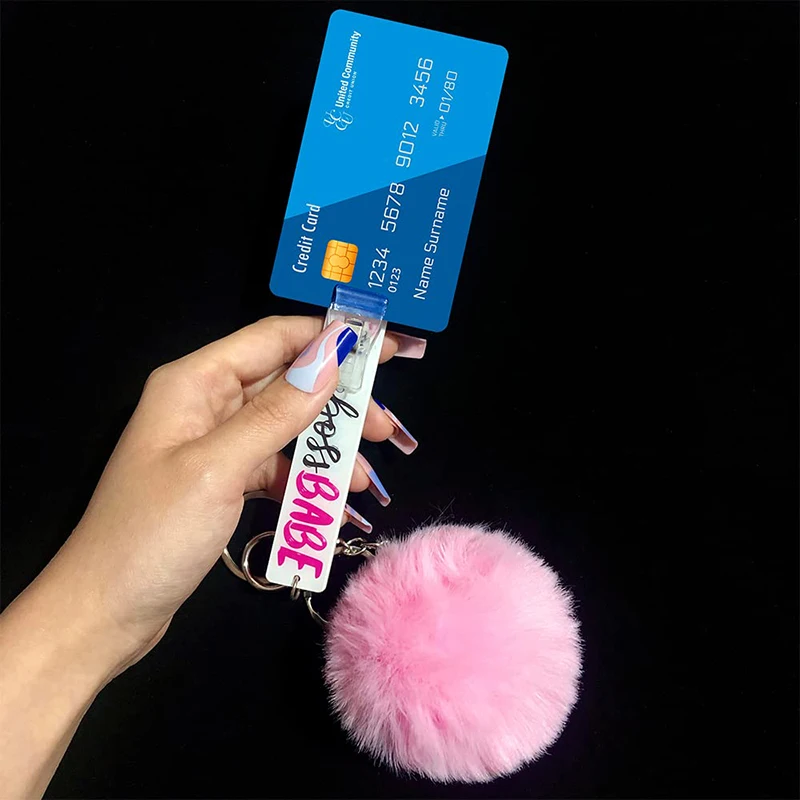 Credit Card Puller Pompom Key Chain Credit Cards Grabber For Women Long Nails Plastic Clip Multifunctional Alloy Car Keychain